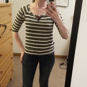 Gray and white striped 3/4 sleeve shirt